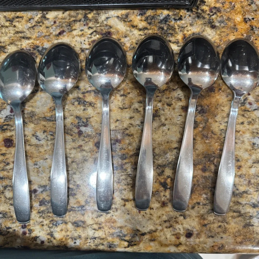 Set of 6 Stainless Steel Tablespoons Modern Satin Finish Flatware Spoons